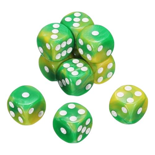 Image of sourcing map 10Pcs 6 Sided Standard Dice, 2 Colors 16mm Acrylic D6 Mini Polyhedral Pearl Pattern Game Dice Set for Table Games, Yellow and Green/White Point