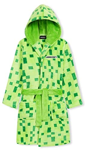 Image of Minecraft Dressing Gown for Boys Fleece Hooded Bathrobe with Pockets Creeper Loungewear Nightwear Teens Gamer Gifts for Boys (11-12 Years, Green)