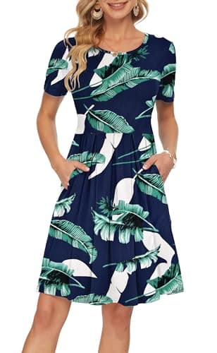 Image of AUSELILY Summer Dresses for Women UK Short Sleeve Pleated Loose Swing Casual Dress with Pockets Knee Length Print Blue M