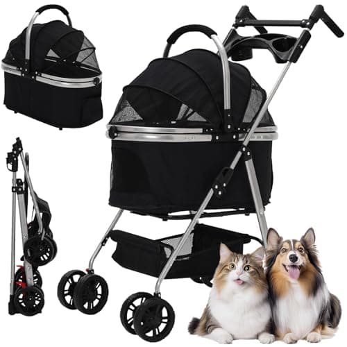 Image of Pet Stroller 3-in-1,Foldable Cat Dog Strollers for Medium Dogs 20KG,Pet Travel Dog Stroller Pushchair with Detachable Carrier Car Seat,Storage Basket,Storage Bag and Food Tray (Black)