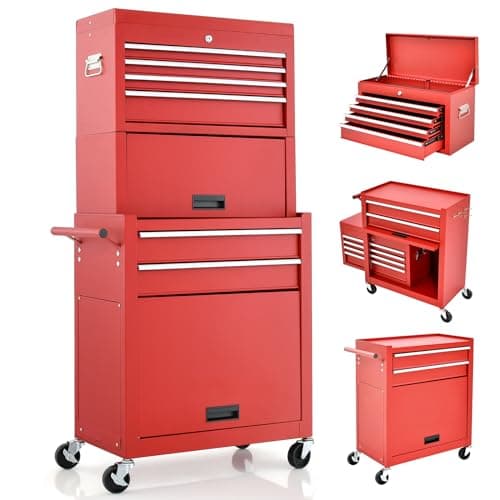 Image of GiantexUK Tool Cabinet, 2 in 1 Lockable Metal Chest with Removable Top Wheels, 5/6 Drawers, Pegboard & Hooks, Heavy-duty Rolling Box Trolley (with Middle Toolbox, Red), 65 x 33 x 132cm