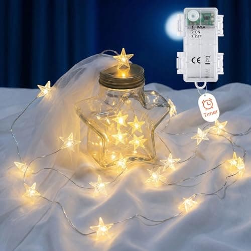 Image of Afaiup Battery Star Fairy Lights, 2M Micro 20Leds Battery Powered String Lights, IP65 Timer Silver Wire Fairy Lights for Christmas Tree Birthday Valentine Party Bedroom Indoor&Outdoor (Warm White)