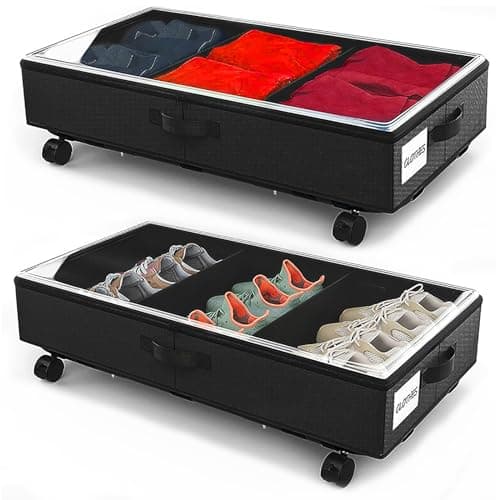 Image of 2 Pack Under Bed Storage Rolling Metal Frame Underbed Containers with Wheels Lid Visiable Window Storage Bag Box Organizer Home Closet Organization Drawer Bins for Clothes Shoes Toys Blanketss Black