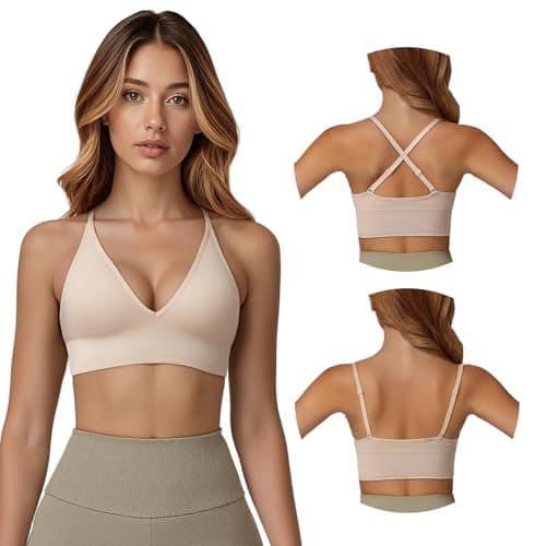 Image of Fiohiros Deep V Sports Bras Women, Sports Bra with Adjustable Spaghetti Strap, Non Wired, Removable Pads, Stretchy Padded Sports Bra for Yoga, Running (UK, Alpha, S, Regular, Regular, Skin)