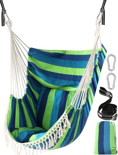 Image of Chihee Hammock Chair Hanging Swing 2 Seat Cushions Included,Strong Webbing Straps and Hooks for Easy Hanging Soft Cotton Weave Hanging Chair Side Pocket Large Tassel Chair Set Comfort Indoor Outdoor