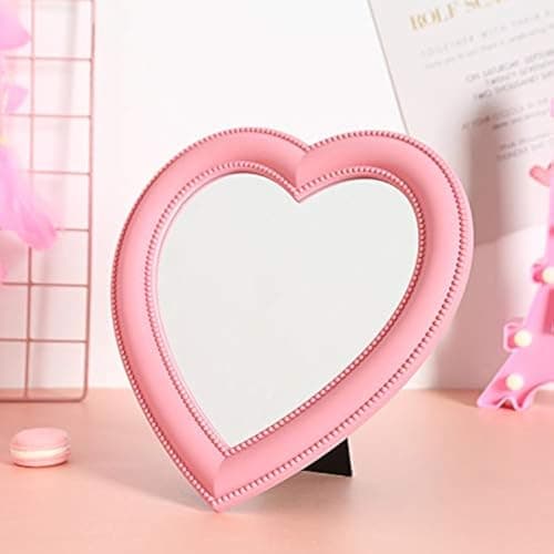 Image of Hosoncovy Heart Shaped Foldable Desktop Makeup Mirror with Stand,Decorative Wall Hanging Handheld Cosmetic Vanity Gift Mirror (Pink)