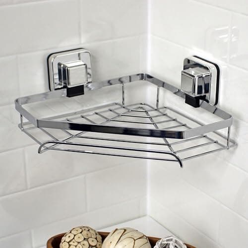 Image of Showerdrape Pushloc Chrome Steel Suction Wall Mounted Corner Basket and Mounting Squares