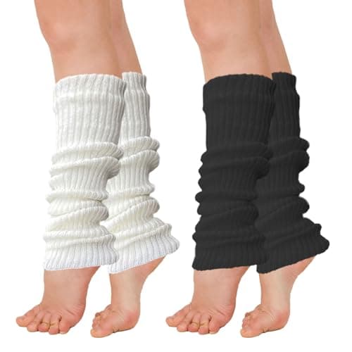 Image of AWAVM 2 Pairs Leg Warmers, 40cm Winter Knit Ribbed Leg Warmers for Women Girls Yoga Ballet Dance Ice Skating Accessories, Black And White