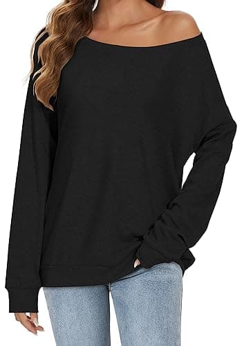 Image of florynova Womens Off The Shoulder Sweatshirts Long Sleeve Tops Pullover Sweater Casual Loose Blouse Fall Fashion (Solid Black, S)