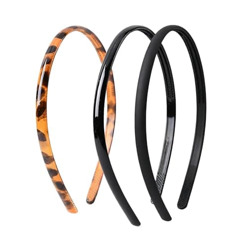 Image of 3 Pcs Acrylic Headbands with Teeth - Fashion Skinny Hair Bands for Women (Leopard Print, Black, Matte Black)