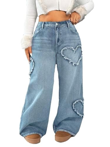 Image of Vaimti Plus Size Casual High-Waisted Wide Leg Jeans with Heart Distressed Design, Vintage Washed Denim (UK, Alpha, 5XL, Plus, Regular, Sky Blue)