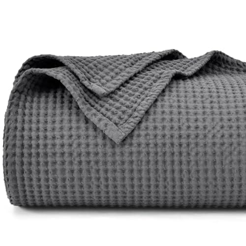 Image of PHF 100% Cotton Waffle Weave Blanket Double Size 150 x 200cm, Pre-Washed Lightweight Breathable Throw Blanket, Oeko-TEX Certified for Bed Sofa, Home Decor, Charcoal Grey