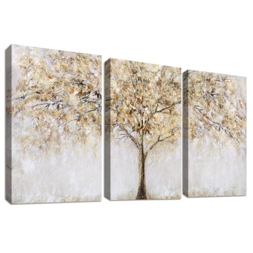 Image of HALFLEMART 3 Panels Wooden Framed Tree of Life Canvas Wall Art Beige Abstract Painting on Canvas Print Poster Pictures for Living Room Bedroom Dinning Room Home Office Wall Decoration 30x40cm x3pcs