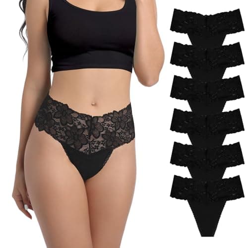 Image of Deigecil High Waist Black Lace Thongs For Women Wide Gusset Underwear Plus Size Knickers High Rise Panties Cotton Thong For Women Size L Pack of 6