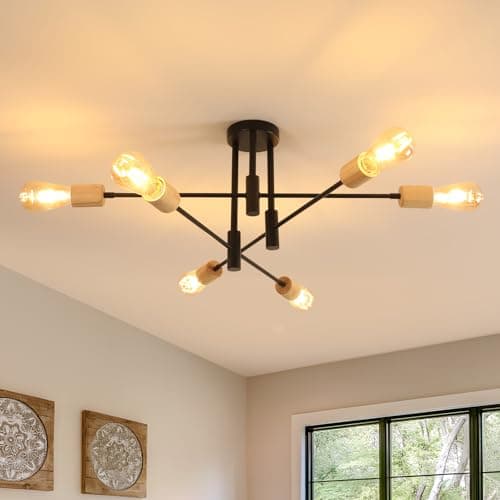 Image of Comely Vintage 6-Heads Sputnik Ceiling Light, Adjustable Ceiling Lights Living Room with E27 Base, Black Chandelier in Metal and Wood for Living Room Bedroom Kitchen