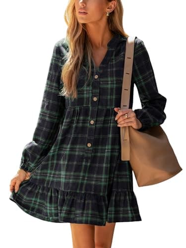 Image of CUPSHE Women Casual Dress Plaid Ruffle Hem V Neck Long Sleeve Button Holiday Tunic Mini Dress Green M