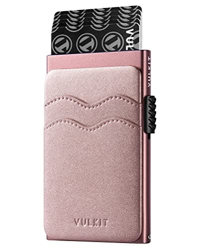 Image of VULKIT Pop Up Card Holder Slim Wallet with Extra Leather Slots RFID Blocking Metal Minimalist Card Case for Men or Women
