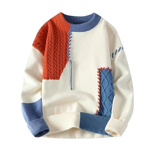 Image of Knitted Jumper Mens Patchwork Color Block Jumpers Vintage Cable Knit Sweater Round Neck Knit Sweaters Causal Loose Sweatshirts Thermal Long Sleeve Tops Warm Pullover Knitwear Orange