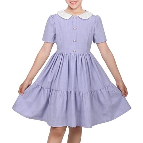 Image of Sunny Fashion Girls Dress Lilac White Collar Pearl Bow Pleated Short Casual Ready Girl School Age 8 Years