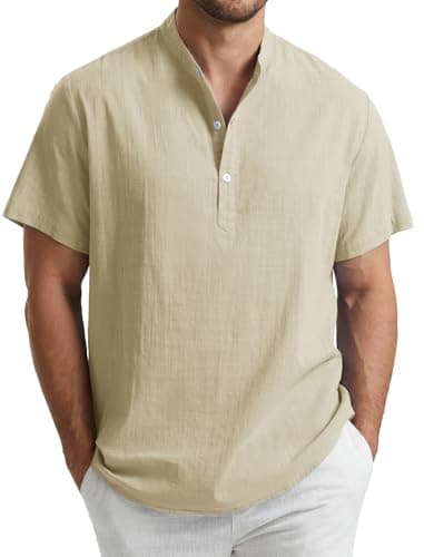 Image of Enlision Mens Linen Shirts Short Sleeve Cream Grandad Shirt Mandarin Collar T-Shirts Casual Summer Henley Beach Collarless Tops Solid Color L
