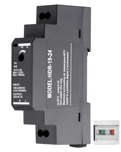 Image of 24V DC DIN Rail Power Supply, 15W Switching Power Supply, 100-240V AC Input, 0.63A Rail Mounted PSU with Overload & Short Circuit Protection for Control Cabinets, LED Systems, Automation Equipment
