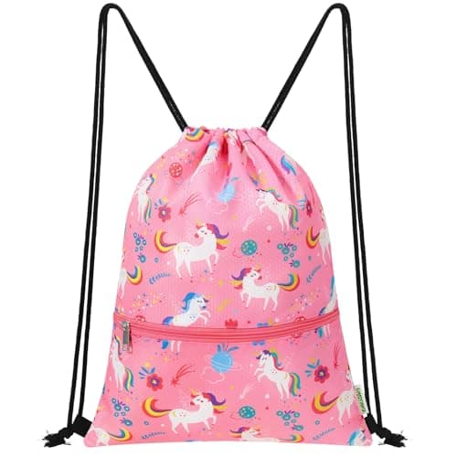 Image of WAWSAM Drawstring Bags for Kids, Unicorn Gym Bag for Girls, Waterproof Gym Swim Bag for Swimming Beach String Cinch Backpack, Back to School Birthday Gift with Zippered Pocket