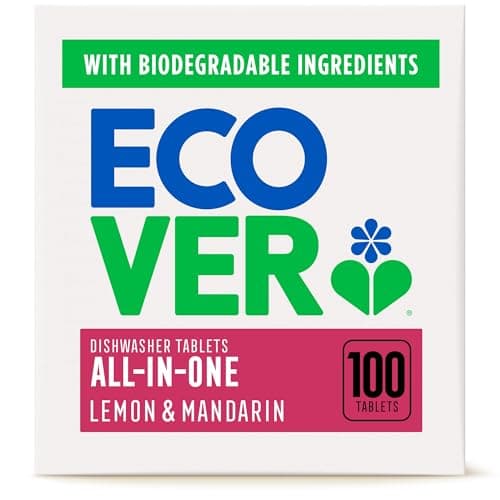 Image of Ecover All in One Dishwasher Tablets, All-in-One Dishwasher Salt & Rinse Aid, Power Cleaning, Mandarin and Lemongrass Scent, Pack of 1, 100 Tablets