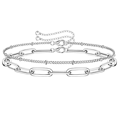 Image of Milacolato Silver Chain Bracelets for Women Girls 925 Sterling Silver Diamond-Cut Square Chain Women Bracelet Adjustable Layered Evil Eye Infinity Paperclip Satellite Beads Bracelets Jewellery Gift Sq
