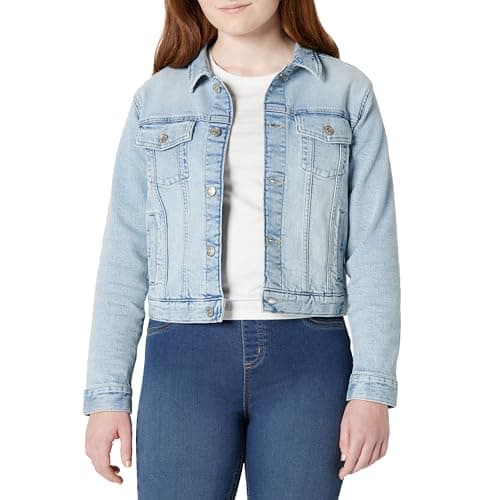 Image of Amazon Essentials Unisex Kids' Medium Stretch Regular-Fit Denim Trucker Jacket for Boys and Girls, Tinted Ice Light Wash, 6-7 Years