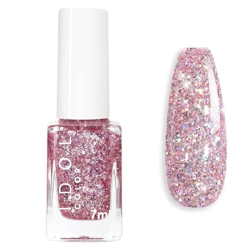 Image of Pink Glitter Nail Polish - High Glossy Sparkly Shimmer Nail Varnish - Quick Dry Holographic Sparkle Pink Nail Paint - Long-lasting Sequins Nail Art Varnish No UV Need