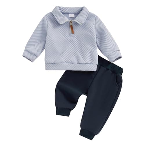 Image of Yigubigu Toddler Baby Boys Outfits Solid Color Long Sleeve Lapel Half Zip Up Pullover T shirt Sweatshirt Elastic Waist Solid Pants 2Pcs Tracksuit Clothes Set (Sky Blue, 12-18 Months)