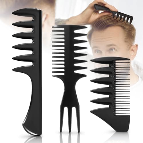 Image of 3Pcs Hair Styling Combs Set For Men - Black Barber Wide Tooth Texture Comb For Quiff, Pompadour, Slicked-back, Fauxhawk, Undercut