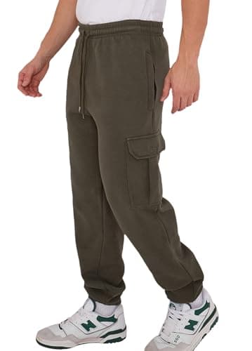 Image of Men's Cargo Fleece Joggers – 290GSM Heavyweight Fabric Trousers, Elastic Waist, Drawstring & Ribbed Cuffs – Soft Cotton Blend Casual Sweatpants with Side Cargo Pockets Bottoms (Olive, Large)