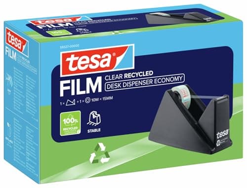 Image of tesafilm Desk Dispenser for Adhesive Tape- Black includes 1 roll of tesafilm Eco and Clear 10 m x 15 mm, 59327-00000-01
