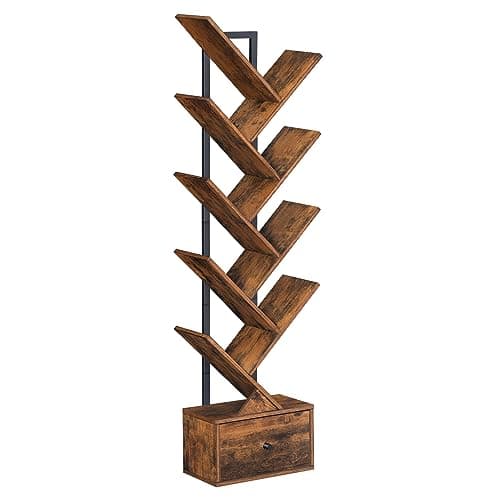 Image of HOOBRO Tree Bookshelf with Drawer, 8-Tier Floor Standing Bookcase, Vertical Book Shelf, Book Storage Rack, for Living Room, Bedroom, Home Office, Rustic Brown and Black EBF18SJ01G1
