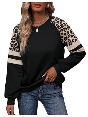 Image of GORGLITTER Women's Leopard Print Colorblock Crewneck Sweatshirts Striped Raglan Long Sleeve Fall Winter Casual Tops Black Medium