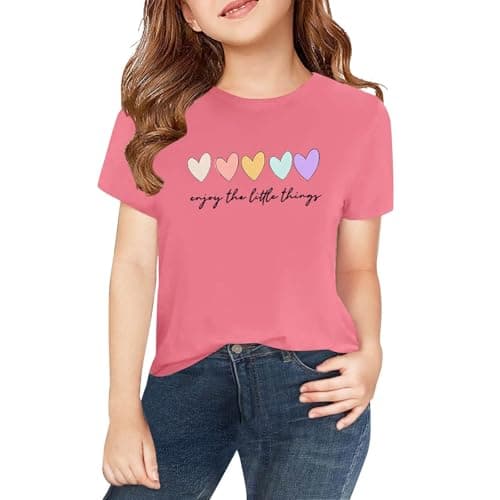 Image of Girls Heart T Shirts Cotton Kids Short Sleeve Athletic Tee Crew Neck School Clothes Personalized Tops Cute Graphic Summer Tshirt Casual Loose Basic Tee (Pink-a, 4-5 Years)
