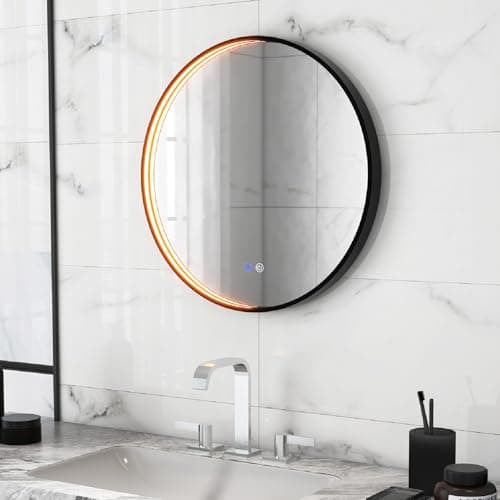 Image of COSTWAY 600mm Round Bathroom Mirror with LED Lights, Illuminated Wall Mounted Vanity Mirror with 3-Color Dimmable, Demister and Touch Switch, Anti-Fog Black Frame Large Circle LED Makeup Wall Mirror