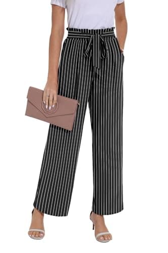 Image of PrinStory Trousers for Women UK Elasticated Waist Lightweight Summer Pants Causal Wide Leg Palazzo Trousers Beach Work (Black Stripe, M)