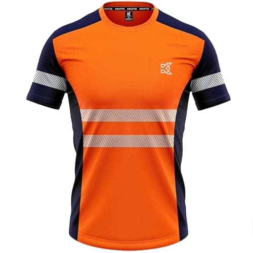 Image of kraftd Hi Vis T Shirt Short Sleeve Work Safety Top Breathable Crew Neck Reflective High Visibility Summer Workwear T-Shirt for Outdoor & Construction (Orange/Navy)