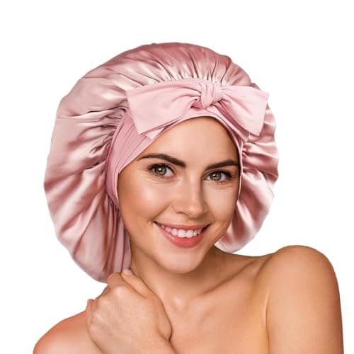 Image of MUSICOZY Silk Bonnet Hair Wrap for Sleeping Women - Double Layer Satin Lined Sleep Cap for Curly Hair, Reusable Overnight Night Cap for Frizzy Hair Protection Hot Pink
