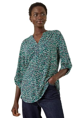Image of Roman Shirt for Women UK Ladies Top Collarless Blouse Stretchy Tunic Smart Casual Autumn Winter Jersey 3/4 Length Sleeve Notch V Neck Flattering Office Work - Green Multi - Size 12