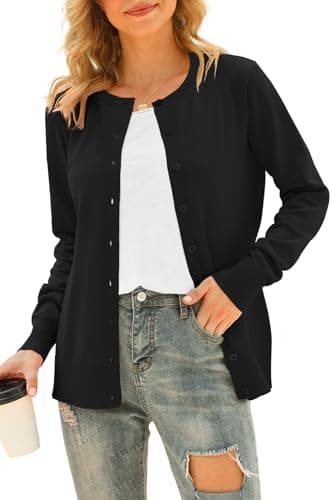 Image of YUNDAI Womens Cardigans Long Sleeve Open Front Knitted Ladies Cardigan Button Round Neck Sweater for Women UK Lightweight Solid Color Jumpers, X-Large Black
