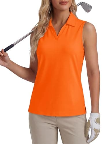 Image of MAGCOMSEN Womens Golf Polo Shirts Casual Breathable Lightweight V Neck Sleeveless Shirt Sports Running Tennis Tank Top UPF 50+ FlOrange,L