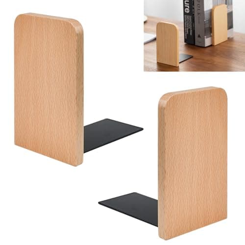 Image of KARBAG Book Ends, 2 Pack Natural Bamboo Bookend Heavy Duty Bookends Walnut Wood Bookends Wooden Book Stopper Bookshelf Ends Decorative Book Ends for Shelves Office Home School Dorm (Square Head)