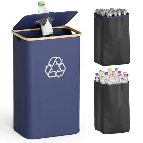 Image of SpaceAid Recycling Bin for Kitchen 26 Gallon, 100L Recycle Bin with Lid and 2 Reusable Inner Bags, for Bottle Can Glass Plastic Stickers, Blue