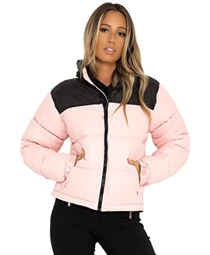 Image of Lexi Fashion Ladies Womens Puffer Bubble Quilted Padded Long Sleeve Short Two Tone Winter Warm Bomber Drawstring Thick Duvet Down Jacket Coat Pink UK Size XL/14