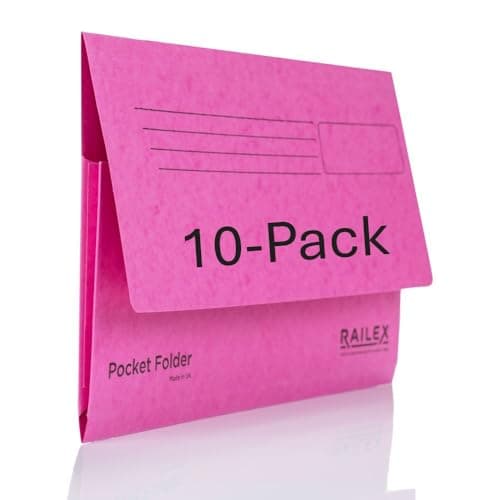 Image of Railex Pocket Folder Foolscap Document Wallets - Cerise Folders Pack of 10 for Paperwork A4 and A4+, Recycled Board File Foolscap Document Wallet, Premium Filing Folder for Office and Home