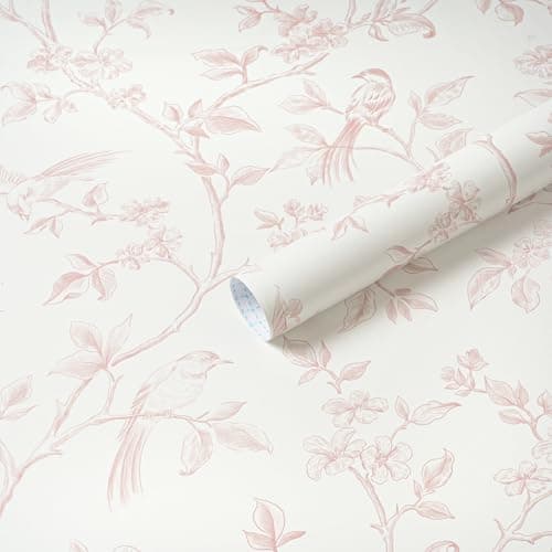 Image of Yomshi Self Adhesive Wallpaper Pink Peel and Stick Wallpaper Bird Floral Wallpaper Sticky Back Plastic 44x300cm Waterproof Vinyl Film for Bedroom Living Room