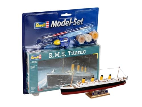Image of Revell Model Set 65804 R.M.S. Titanic 1:1200 Scale Unbuilt/Unpainted Plastic Model Kit with Contacta Professional Glue, Paintbrush & Selected Aqua Color Paints